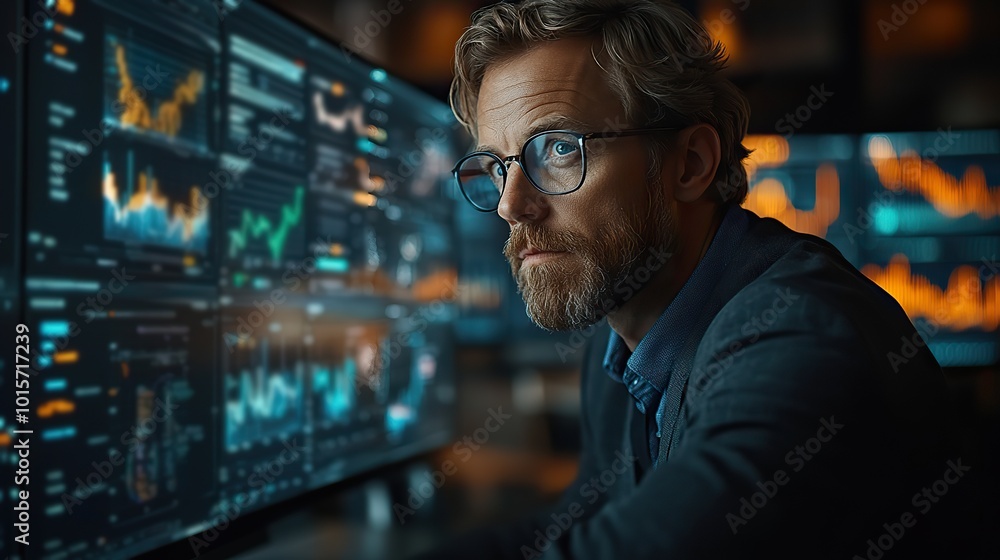 A man creates charts and reports as a project manager, researching global strategies and market analysis with virtual interfaces. A man creates charts and reports as a project manager, researching global strategies and market analysis with virtual interfaces.