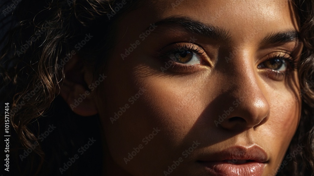 Stunning Close-up of a Latina Brazilian Woman with Wavy Hair, Illuminated by Side Light Stunning Close-up of a Latina Brazilian Woman with Wavy Hair, Illuminated by Side Light