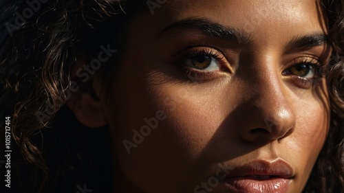 Stunning Close-up of a Latina Brazilian Woman with Wavy Hair, Illuminated by Side Light