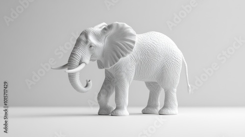 A white elephant sculpture on a minimalist background.