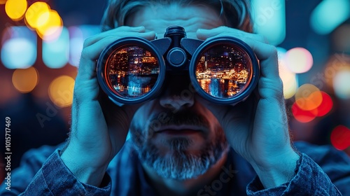 A man holding a clipboard and binoculars emerges from a laptop screen, blending reality with digital interactions.