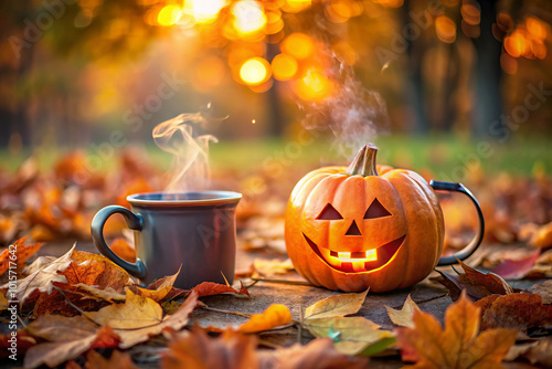 large jack o lantern mug filled with steaming drink evokes cozy autumn vibe photo