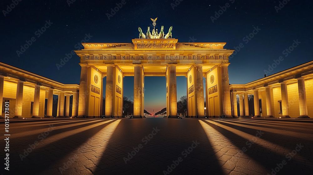 Obraz premium Brandenburg Gate, night view with city lights illuminating the gate, dark night sky with stars visible in the distance, Ai generated images