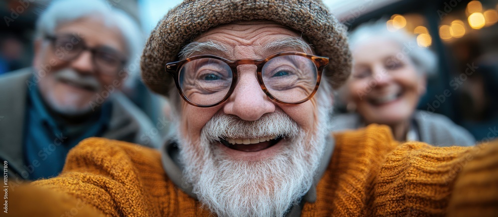Close-up portrait of a happy senior man with a white beard smiling and wearing glasses and a brown hat, with another senior couple in the background. Close-up portrait of a happy senior man with a white beard smiling and wearing glasses and a brown hat, with another senior couple in the background.