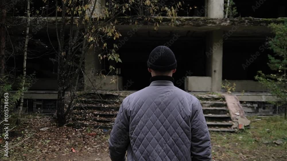 view from the back, a teenager in a hat and jacket goes inside an old building without walls into the darkness. view from the back, a teenager in a hat and jacket goes inside an old building without walls into the darkness.