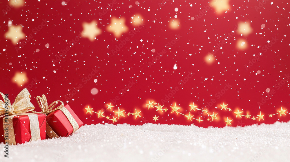 Festive scene with beautifully wrapped red gifts adorned with golden ribbons, surrounded by twinkling stars and falling snowflakes on a bright red background Festive scene with beautifully wrapped red gifts adorned with golden ribbons, surrounded by twinkling stars and falling snowflakes on a bright red background