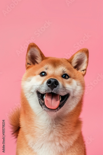  Cheerful shiba inu dog smiling against a soft pastel background for text