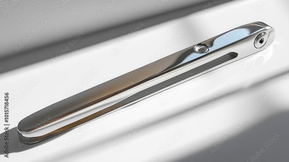 A sleek, metallic tool resting on a white surface, reflecting light. A sleek, metallic tool resting on a white surface, reflecting light.
