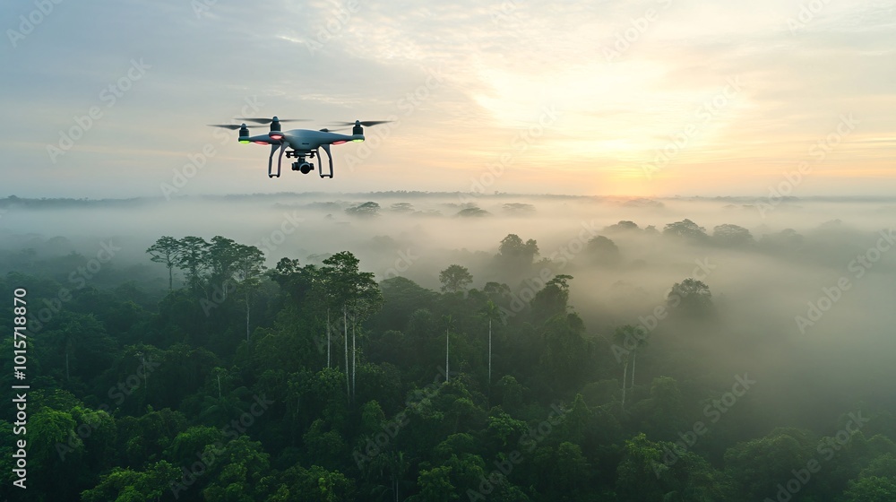 Drone Flying Over Misty Forest at Dawn Drone Flying Over Misty Forest at Dawn