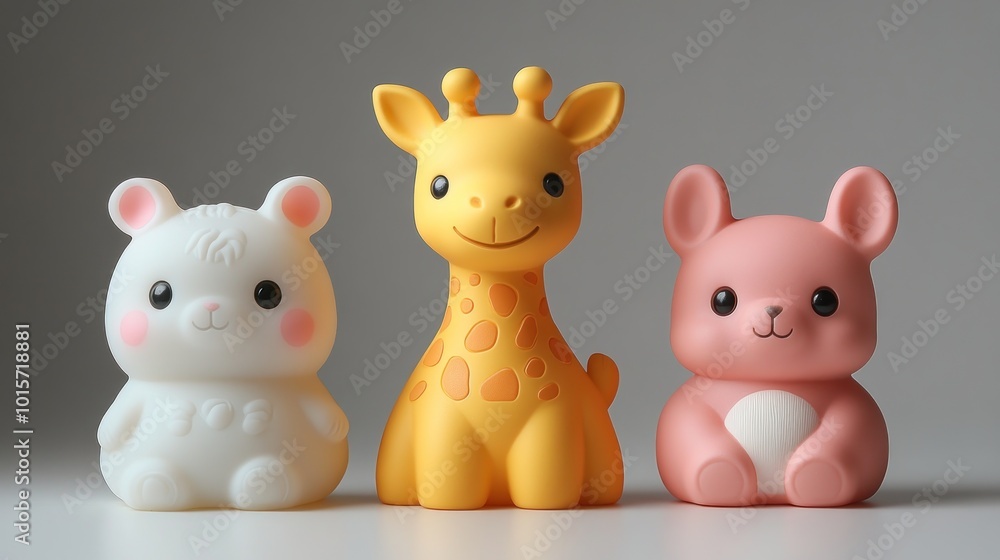Three colorful animal-shaped toys in a playful arrangement. Three colorful animal-shaped toys in a playful arrangement.