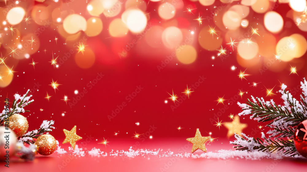 Festive holiday scene with sparkling stars, ornaments, and snow-covered pine branches against a vibrant red background Festive holiday scene with sparkling stars, ornaments, and snow-covered pine branches against a vibrant red background