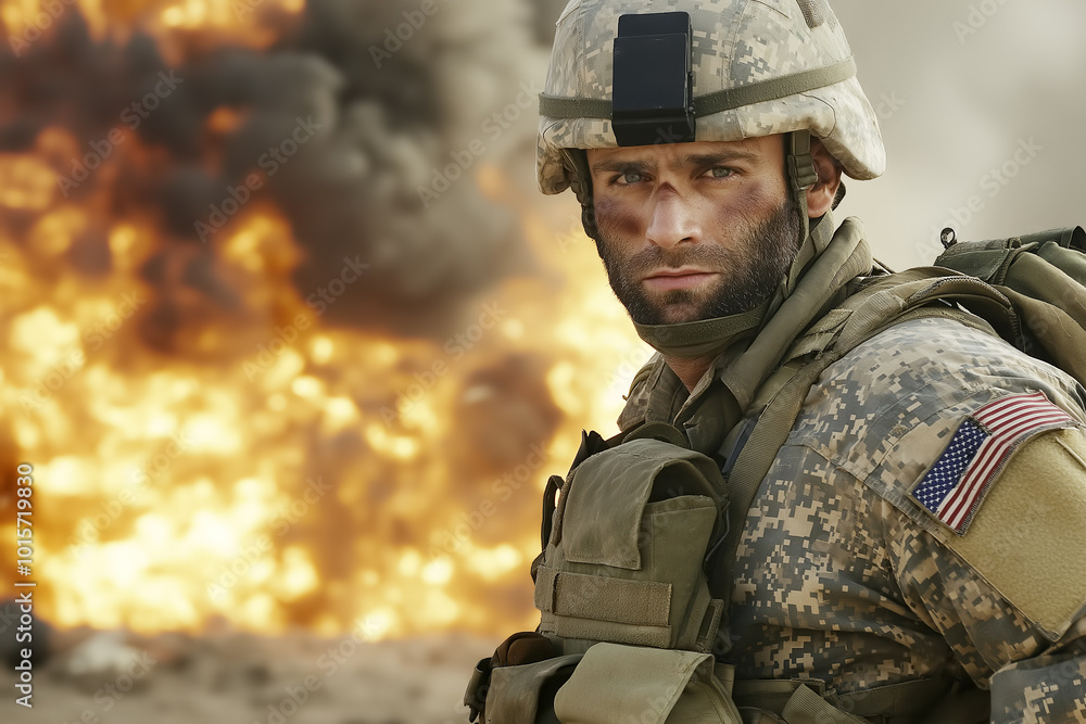 Portrait of American soldier standing in front of a fiery explosion, looking directly at the camera with a serious expression. Aspect ratio 3:2 Portrait of American soldier standing in front of a fiery explosion, looking directly at the camera with a serious expression. Aspect ratio 3:2