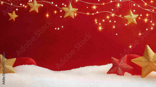 Festive holiday decoration scene featuring sparkling stars, lights, and artificial snow on a vibrant red background