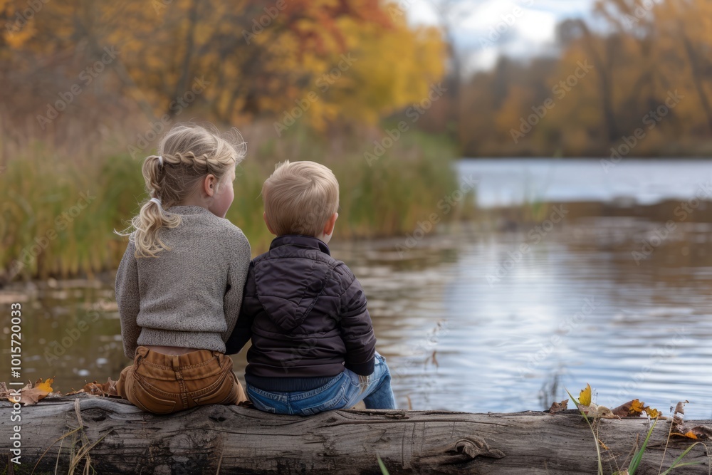 Two little kids, boy and girl, sitting on a log by the lake in autumn Two little kids, boy and girl, sitting on a log by the lake in autumn