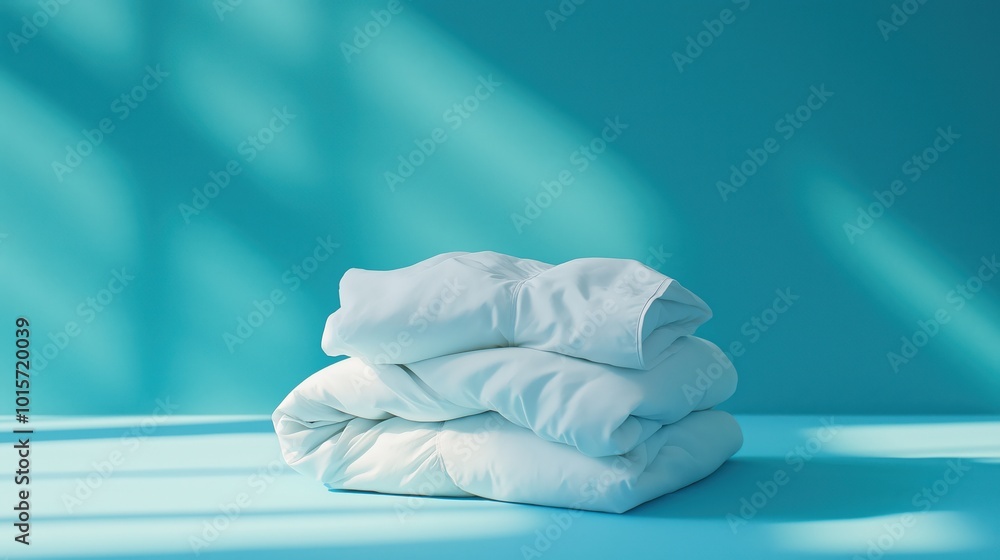 Fototapeta premium Neatly folded stack of white bedding, crisp and clean, set against a vibrant blue background