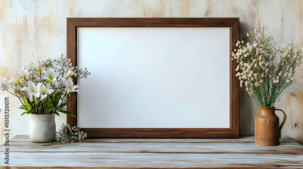 White Lilies and Delicate Flowers in Vases Against a Blank Picture Frame on a Wooden Tabletop White Lilies and Delicate Flowers in Vases Against a Blank Picture Frame on a Wooden Tabletop