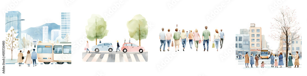 Obraz premium A vibrant cityscape illustration featuring buildings, trees, cars, and groups of people engaging in community activities.