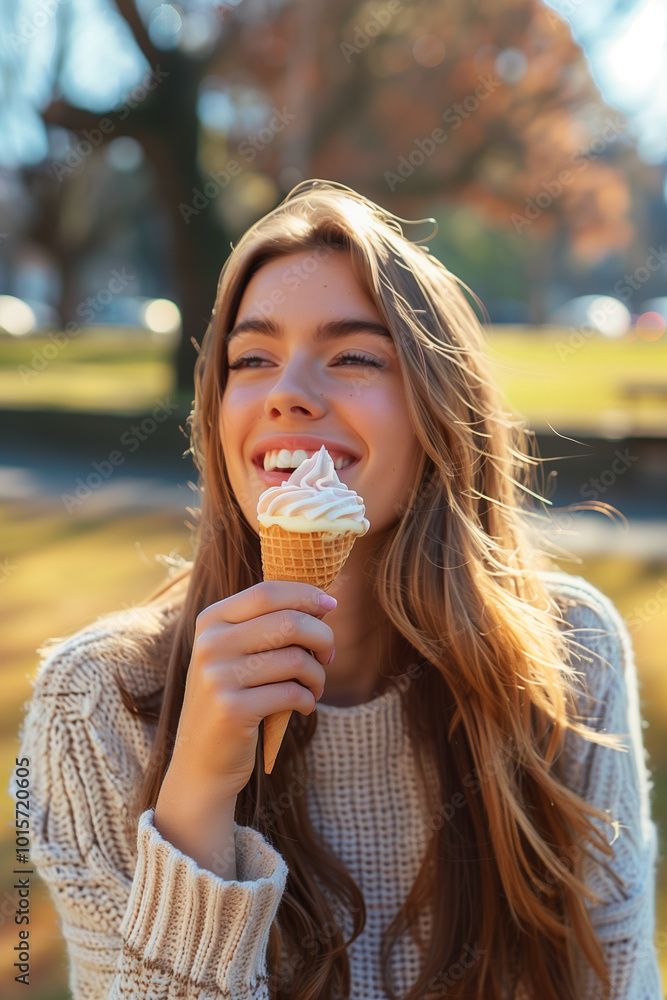Young woman savoring ice cream in a vibrant urban park setting with blurred background Young woman savoring ice cream in a vibrant urban park setting with blurred background