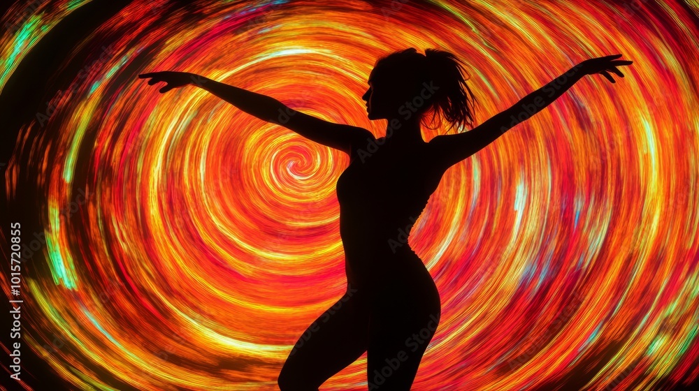 Silhouette of a dancer against a colorful light swirl background. Silhouette of a dancer against a colorful light swirl background.