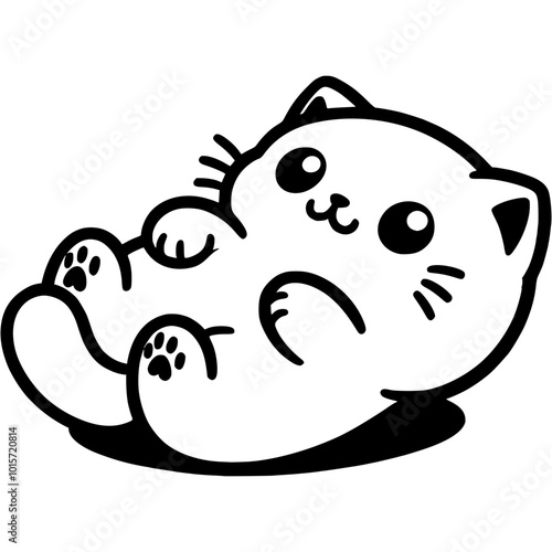 White kitten lies on its back with its belly up in monochrome. Simple minimalistic vector in black ink drawing on transparent background