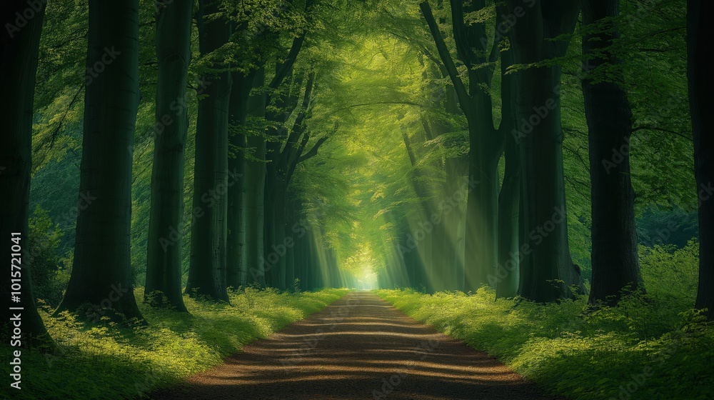 Fototapeta premium Peaceful path through a vibrant green beech forest