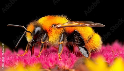 Close-up of a vibrant bumblebee on vivid pink flowers, dark background.