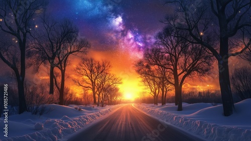 Serene winter road leading to a colorful sunrise, flanked by snow-covered trees photo