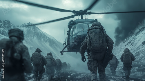 Military helicopter and soldiers in snowy mountain landscape, combat mission scene
