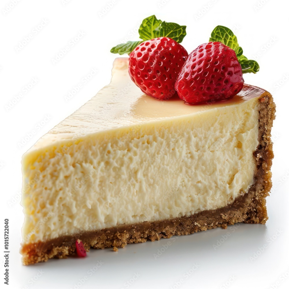 a piece of cheesecake with two strawberries on top a piece of cheesecake with two strawberries on top
