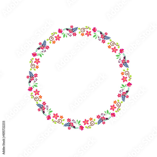 Floral wreath with pink, white, and blue lisianthus flowers, pansy flowers, bluebells, and forget-me-not flowers. Floral circle frame. Vector illustration