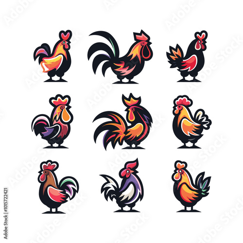 Set chicken logo cute vector icon illustration style
