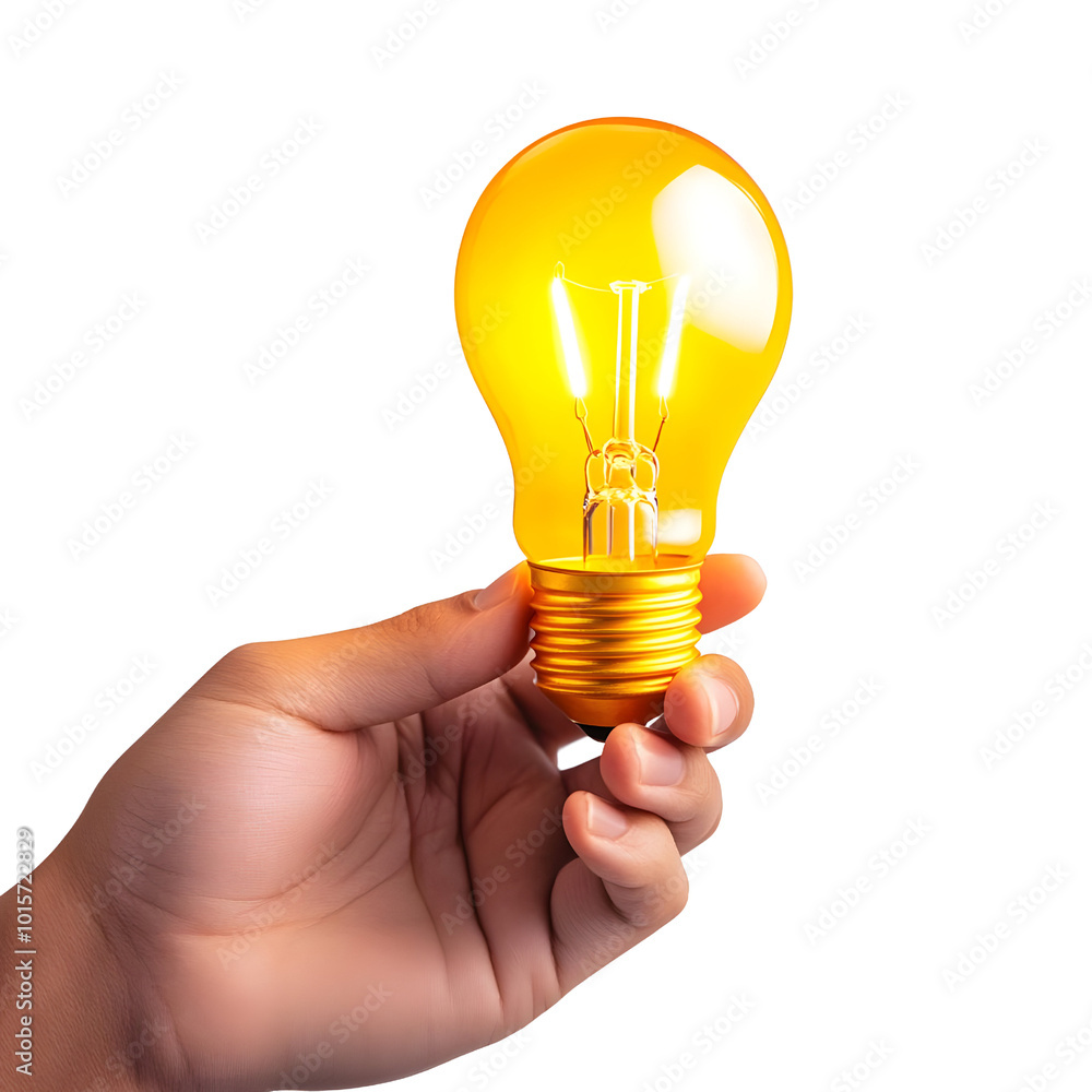 A hand holding a glowing yellow light bulb, symbolizing innovation and ideas against a white isolated background. A hand holding a glowing yellow light bulb, symbolizing innovation and ideas against a white isolated background.