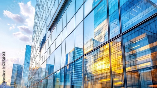 A close-up of a modern office building's glass facade, capturing reflections of the city skyline and surrounding structures.