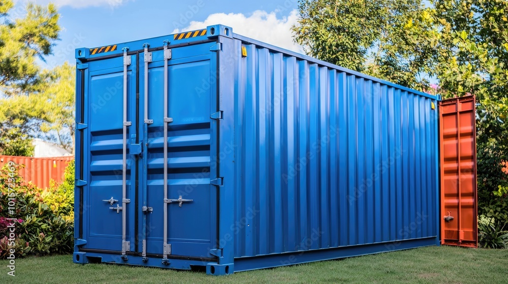 A vibrant blue shipping container sits among greenery, contrasting with an orange container nearby, showcasing a blend of industrial and natural elements. A vibrant blue shipping container sits among greenery, contrasting with an orange container nearby, showcasing a blend of industrial and natural elements.