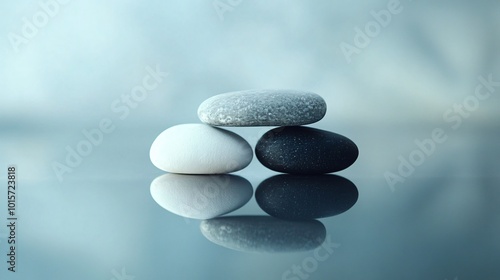 Three smooth, round, gray, white, and black stones stacked on top of each other, with reflections on a light blue surface.