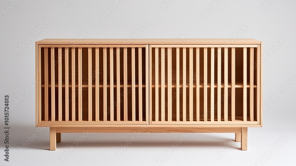 A modern wooden cabinet with slatted doors and a minimalist design, perfect for storage and enhancing interior decor. A modern wooden cabinet with slatted doors and a minimalist design, perfect for storage and enhancing interior decor.