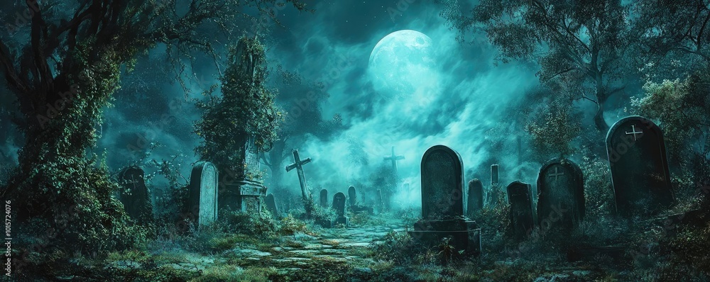 A haunting graveyard shrouded in mist with a full moon casting eerie shadows, perfect for Halloween themes or spooky atmospheres. A haunting graveyard shrouded in mist with a full moon casting eerie shadows, perfect for Halloween themes or spooky atmospheres.