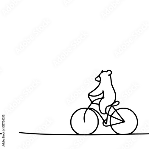 Linear vector contour drawing of a little bear cub riding a bicycle, viewed from afar, white background