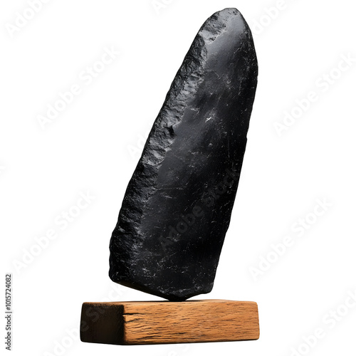 Black stone artifact displayed on a wooden base, isolated on a white background.