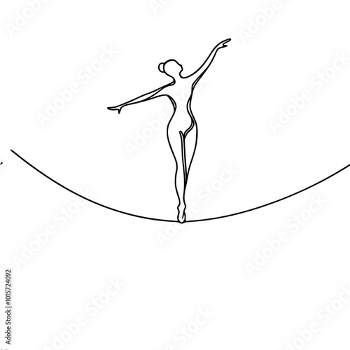 Linear vector contour drawing of a woman walking on a tightrope, gracefully raising her arms, in a minimalist style, white background