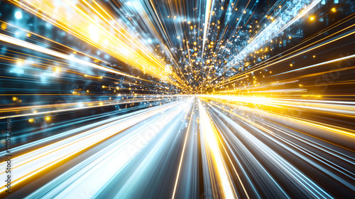 A long exposure photograph capturing streaks of white and yellow lights in motion, symbolizing speed, technology, and futuristic concepts with dynamic and energetic visual elements.