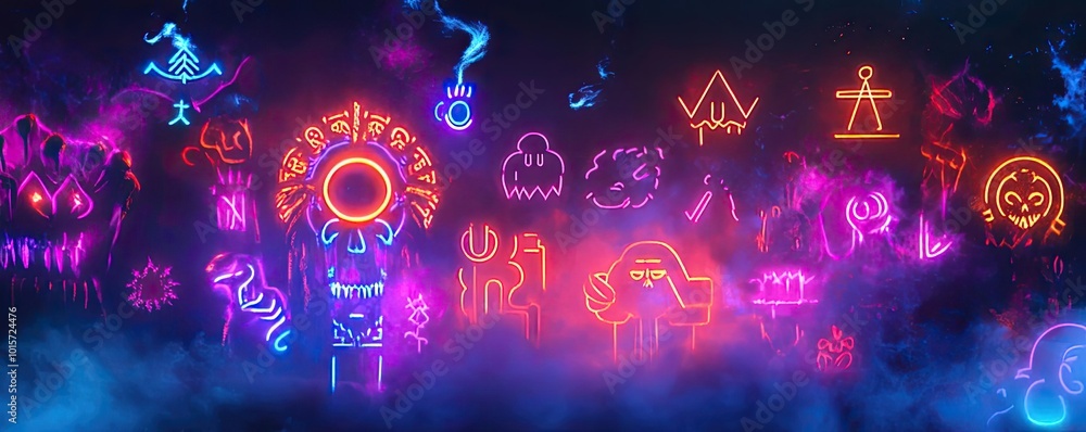 A vibrant display of glowing neon symbols and icons against a dark background, creating a mystical and enchanting atmosphere. A vibrant display of glowing neon symbols and icons against a dark background, creating a mystical and enchanting atmosphere.