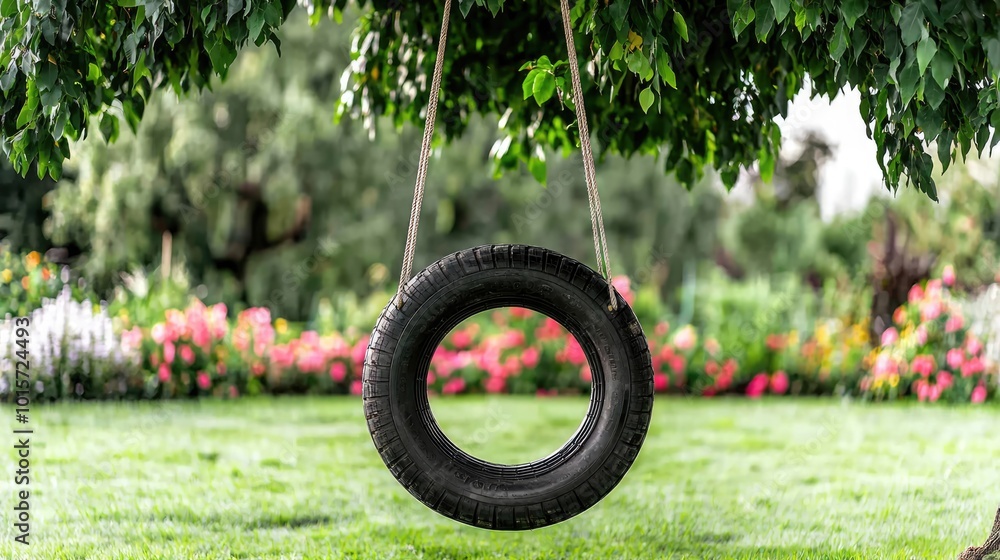 A tire swing hangs from a tree, surrounded by vibrant flowers and lush green grass in a peaceful outdoor setting. A tire swing hangs from a tree, surrounded by vibrant flowers and lush green grass in a peaceful outdoor setting.