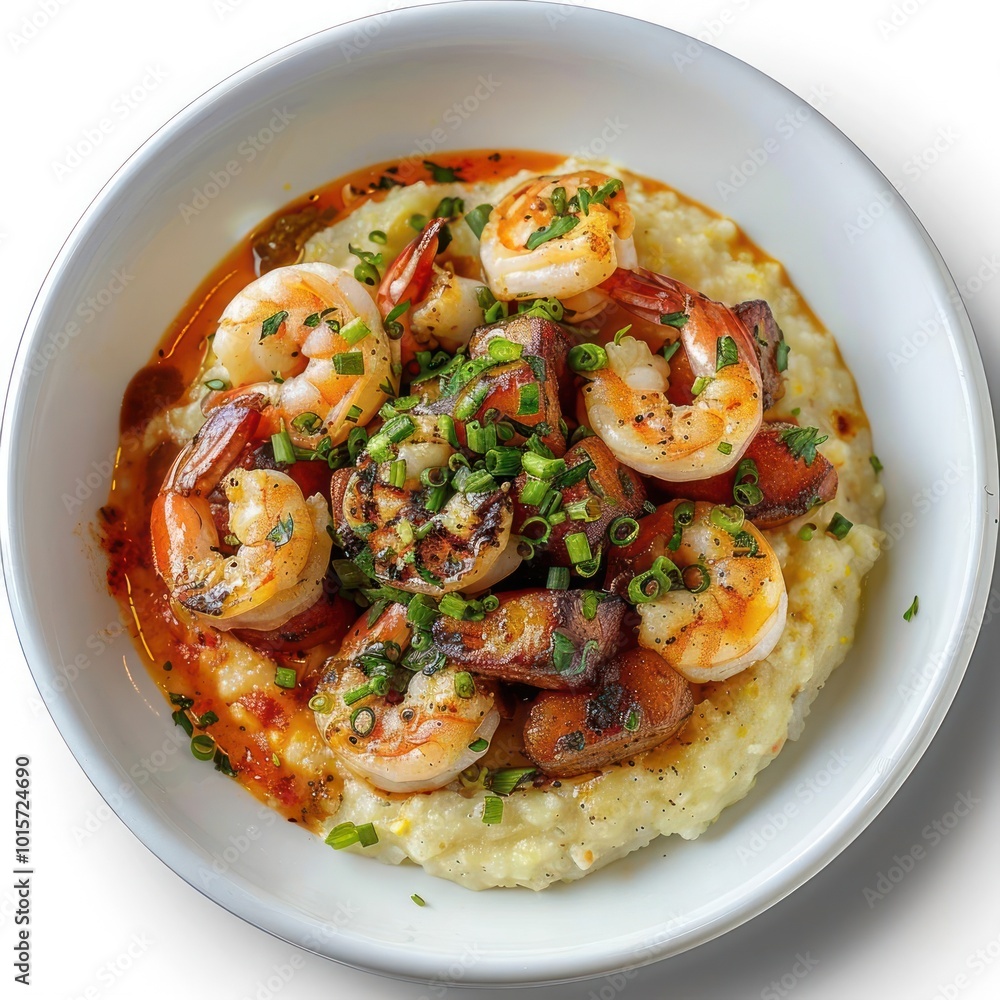 a white bowl filled with shrimp and grits a white bowl filled with shrimp and grits