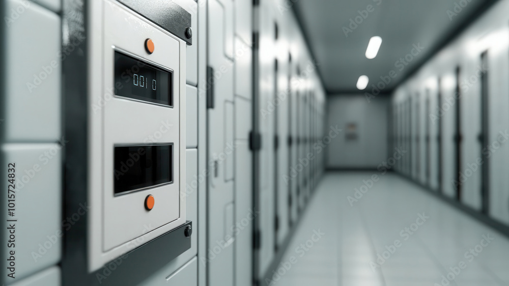 Naklejka premium Prison control terminal with holographic security icons, managing inmate data and facility security through advanced encryption