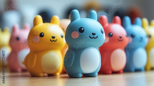 Colorful bunny figurines arranged in a playful display.