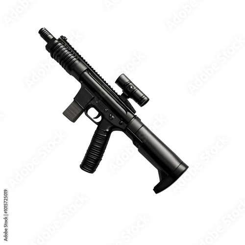 Detailed image of a modern, tactical firearm with a sleek design and accessories. photo