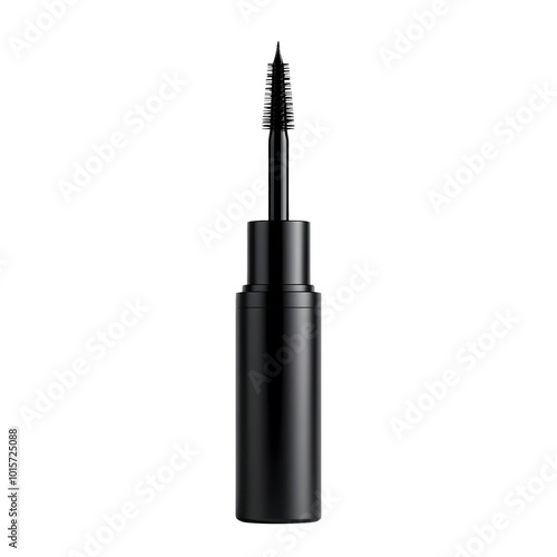 Elegant black mascara tube with applicator on a white isolated background. photo