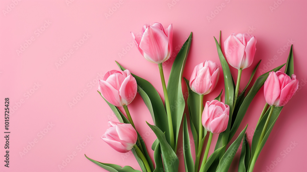 Lovely arrangement of spring flowers with a bouquet of pink tulips set against a soft pastel pink background, perfect for Valentine's Day, Easter, birthdays, Women's Day, or Mother's Day. Flat lay vie Lovely arrangement of spring flowers with a bouquet of pink tulips set against a soft pastel pink background, perfect for Valentine's Day, Easter, birthdays, Women's Day, or Mother's Day. Flat lay vie