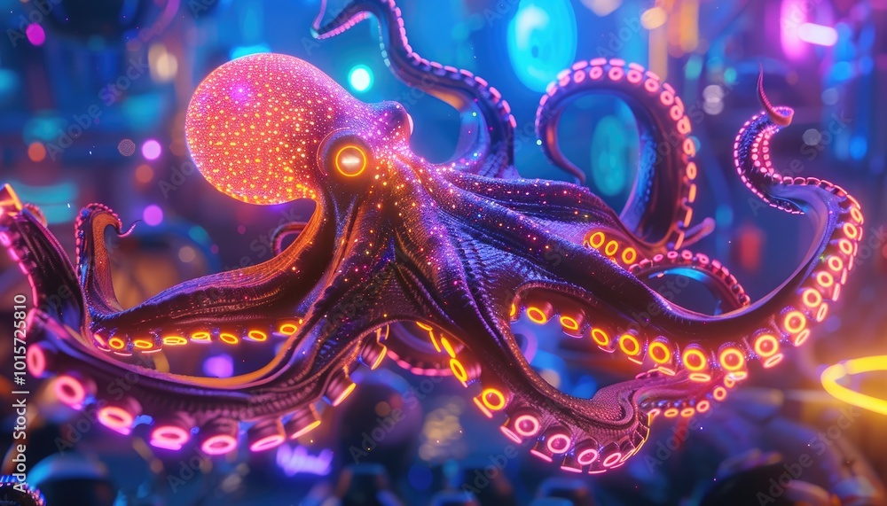 Obraz premium Neon Octopus in a Disco Ball World